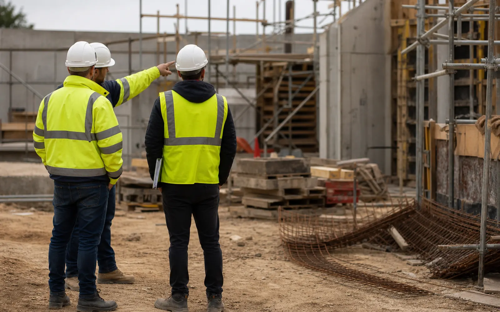 Deux ouvriers en gilet haute visibilité coordonnant une intervention sur un chantier de gros œuvre