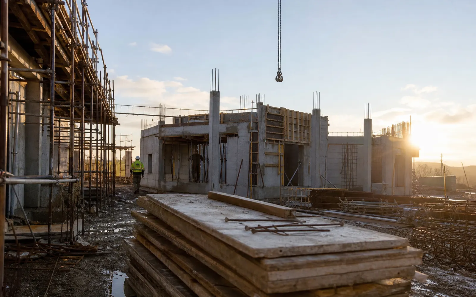 Structure en gros œuvre au lever du jour, coffrage et ferraillage sous une grue de chantier