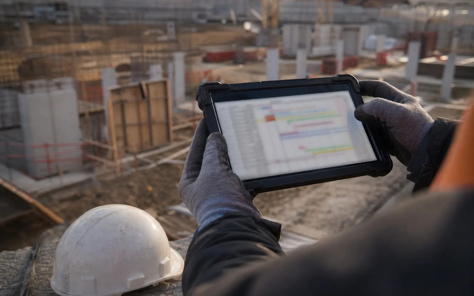 Mains tenant une tablette de chantier robuste avec un planning à l'écran, casque posé à côté