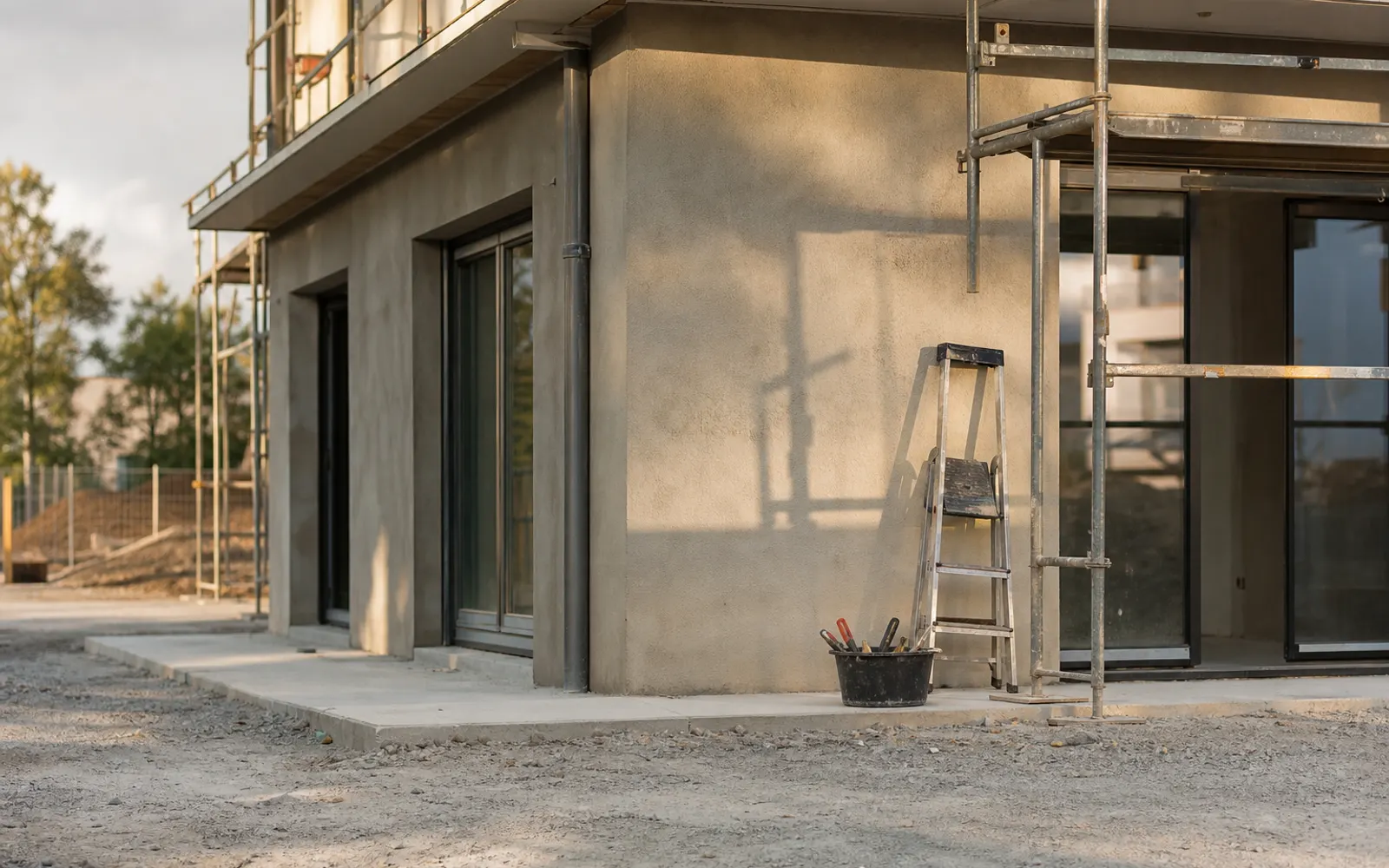 Angle de façade terminé avec échafaudage partiellement démonté, chantier proche de la réception