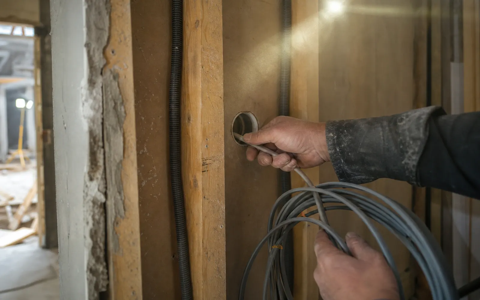Tirage de câble électrique dans une cloison ouverte lors des travaux de second œuvre